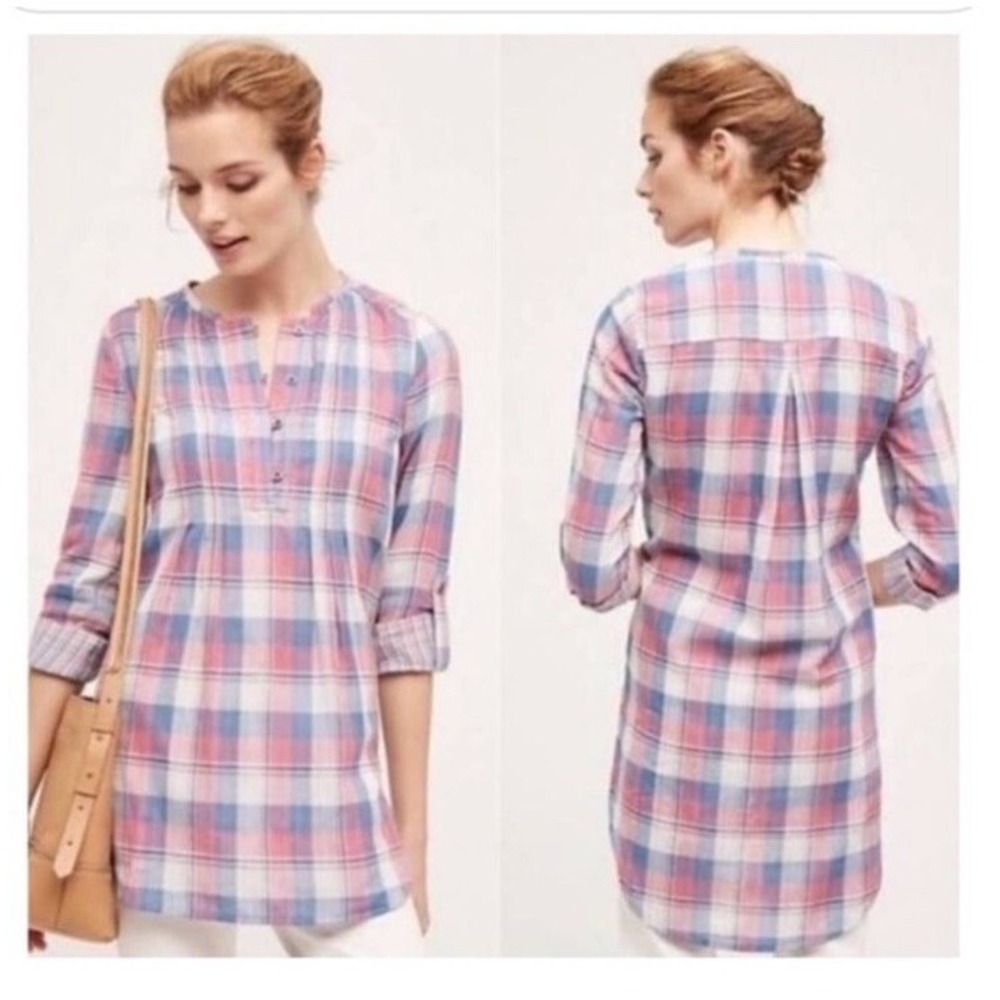 Holding Horses Anthropologie Halfpenny Plaid Oversized Tunic Shirt Women 4 New
